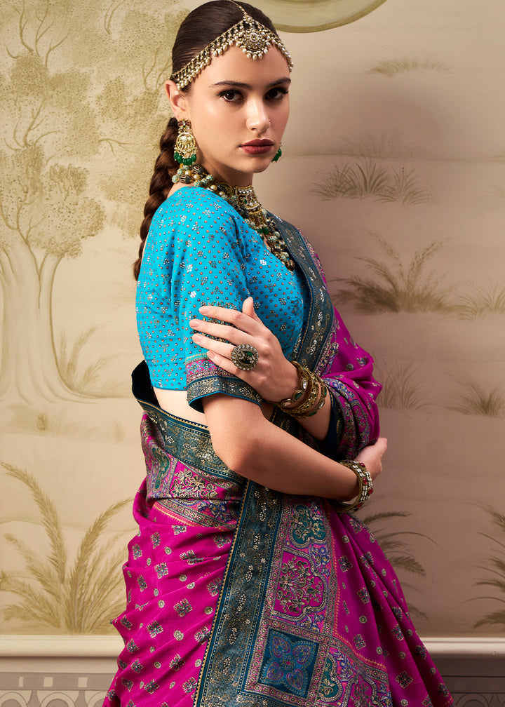 Shades Of Blue & Pink Banarasi Silk lehenga Choli Having Beautiful Embellishment work