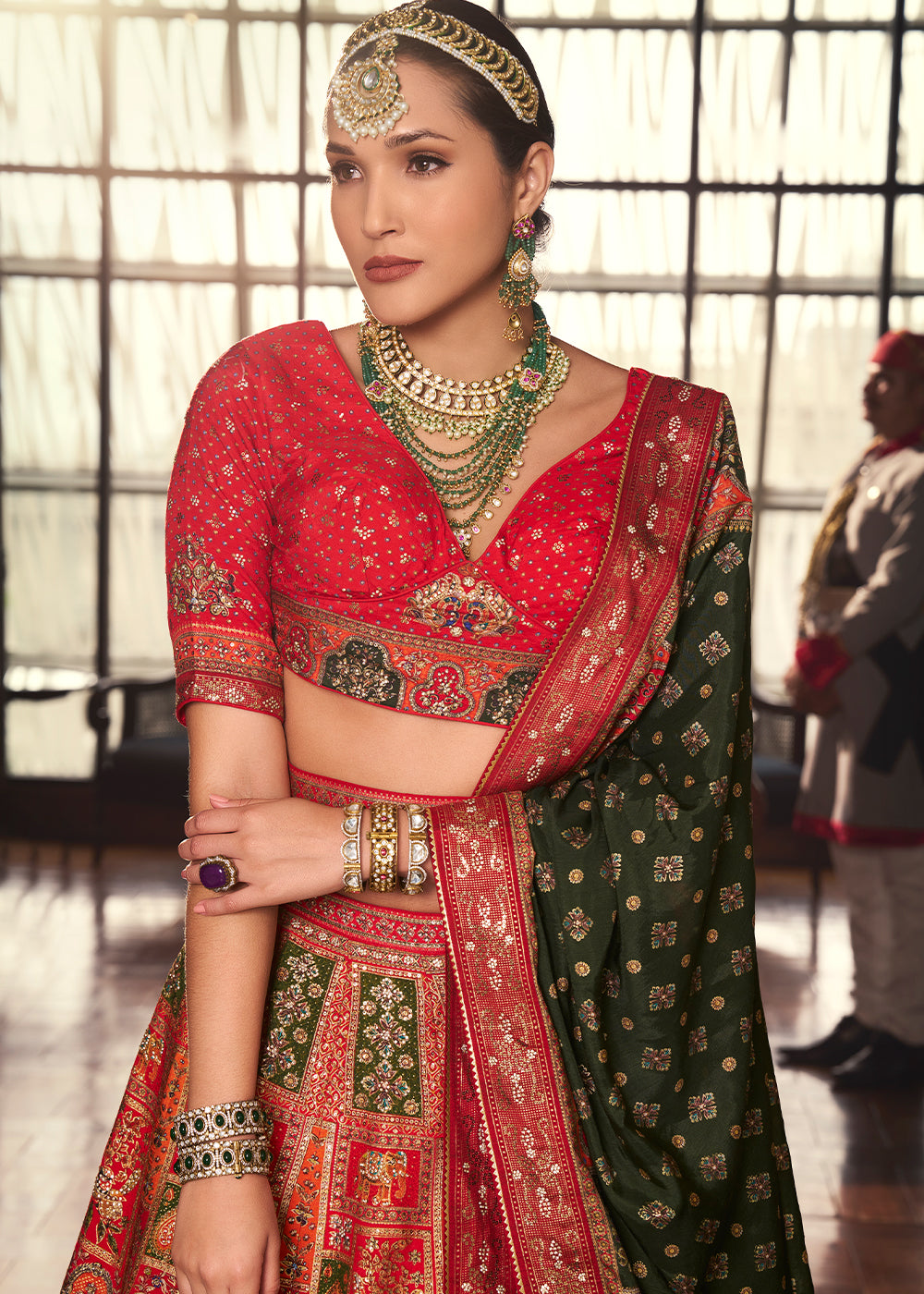 Shades Of Red & Green Banarasi Silk lehenga Choli Having Beautiful Embellishment work