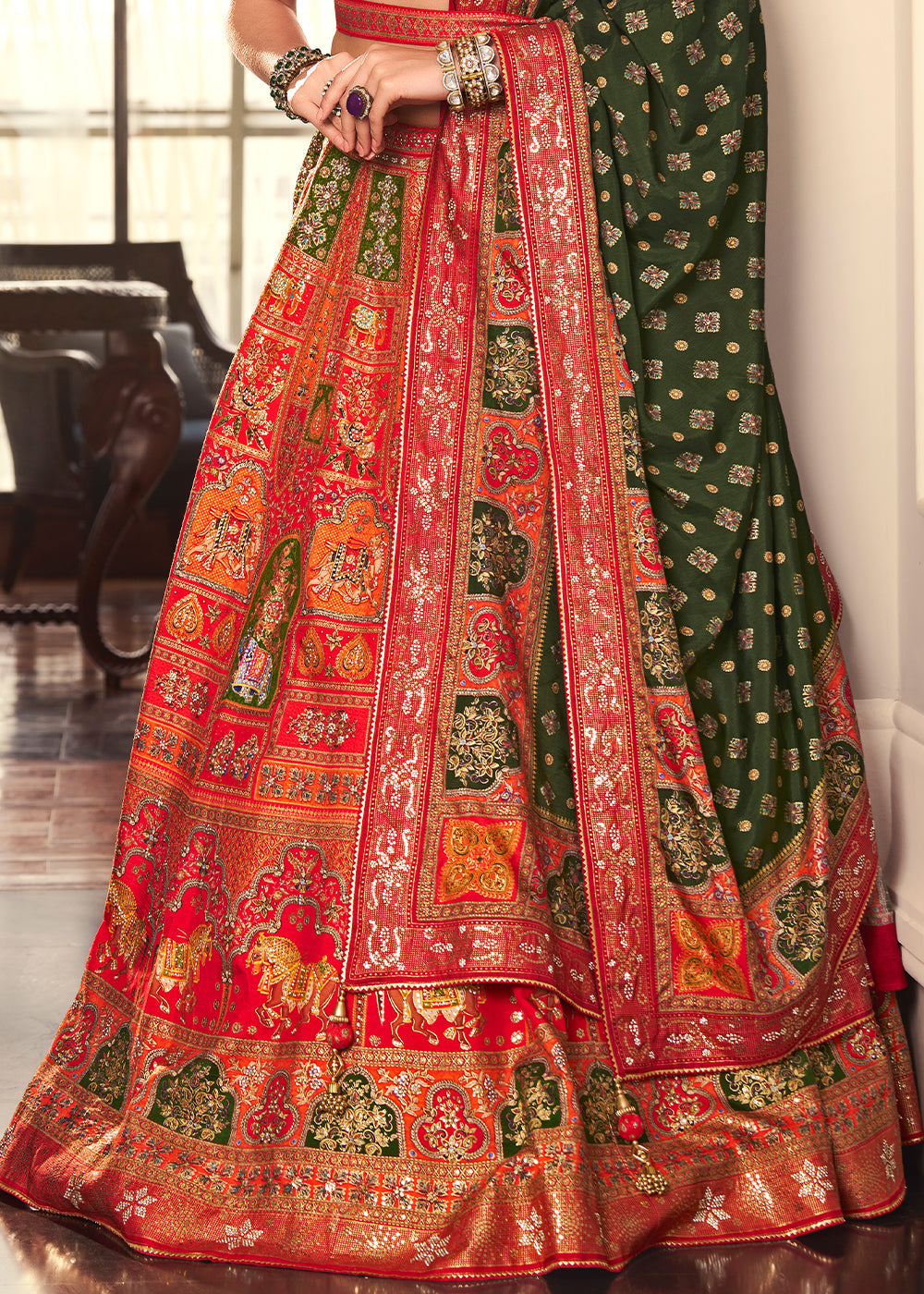 Shades Of Red & Green Banarasi Silk lehenga Choli Having Beautiful Embellishment work