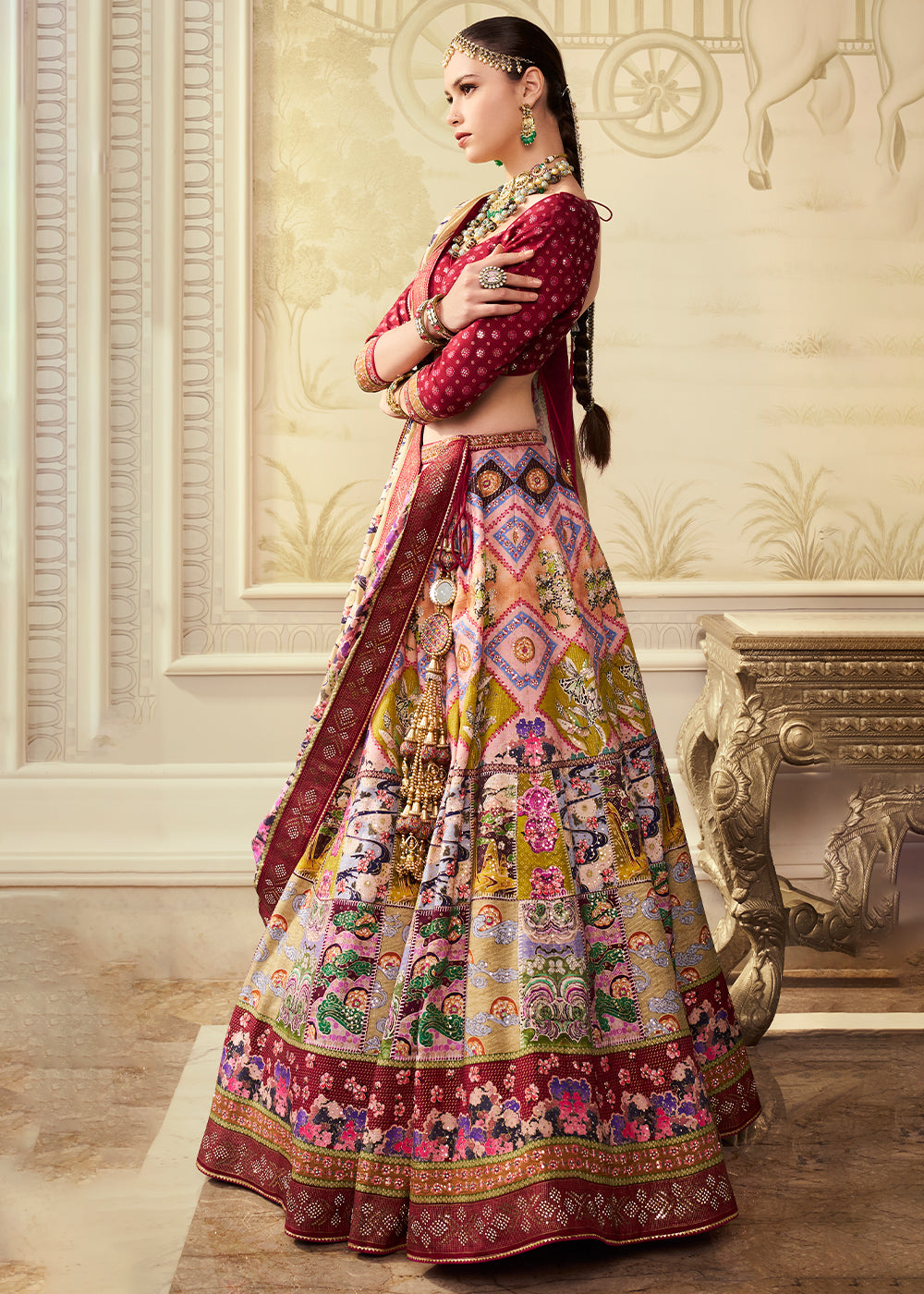 Shades Of Red & Pink Banarasi Silk lehenga Choli Having Beautiful Embellishment work