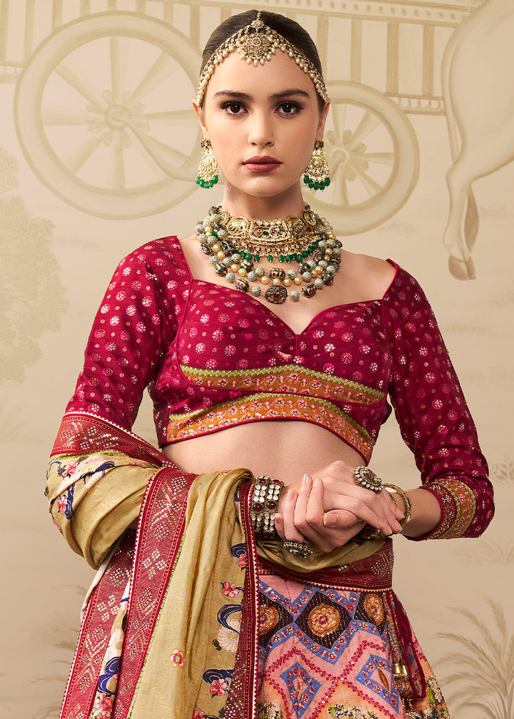 Shades Of Red & Pink Banarasi Silk lehenga Choli Having Beautiful Embellishment work