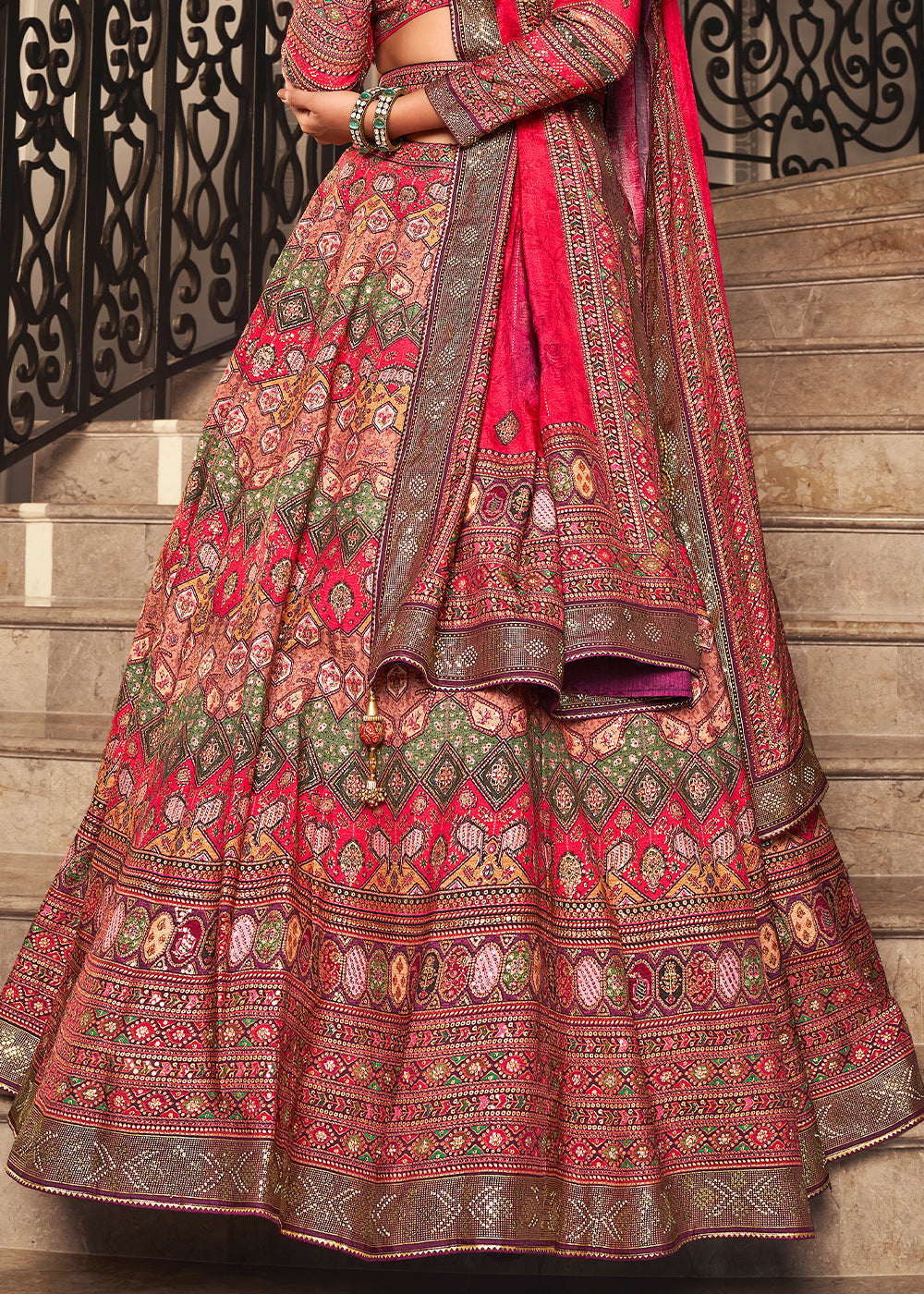 Multi Colored Banarasi Silk lehenga Choli Having Beautiful Embellishment work