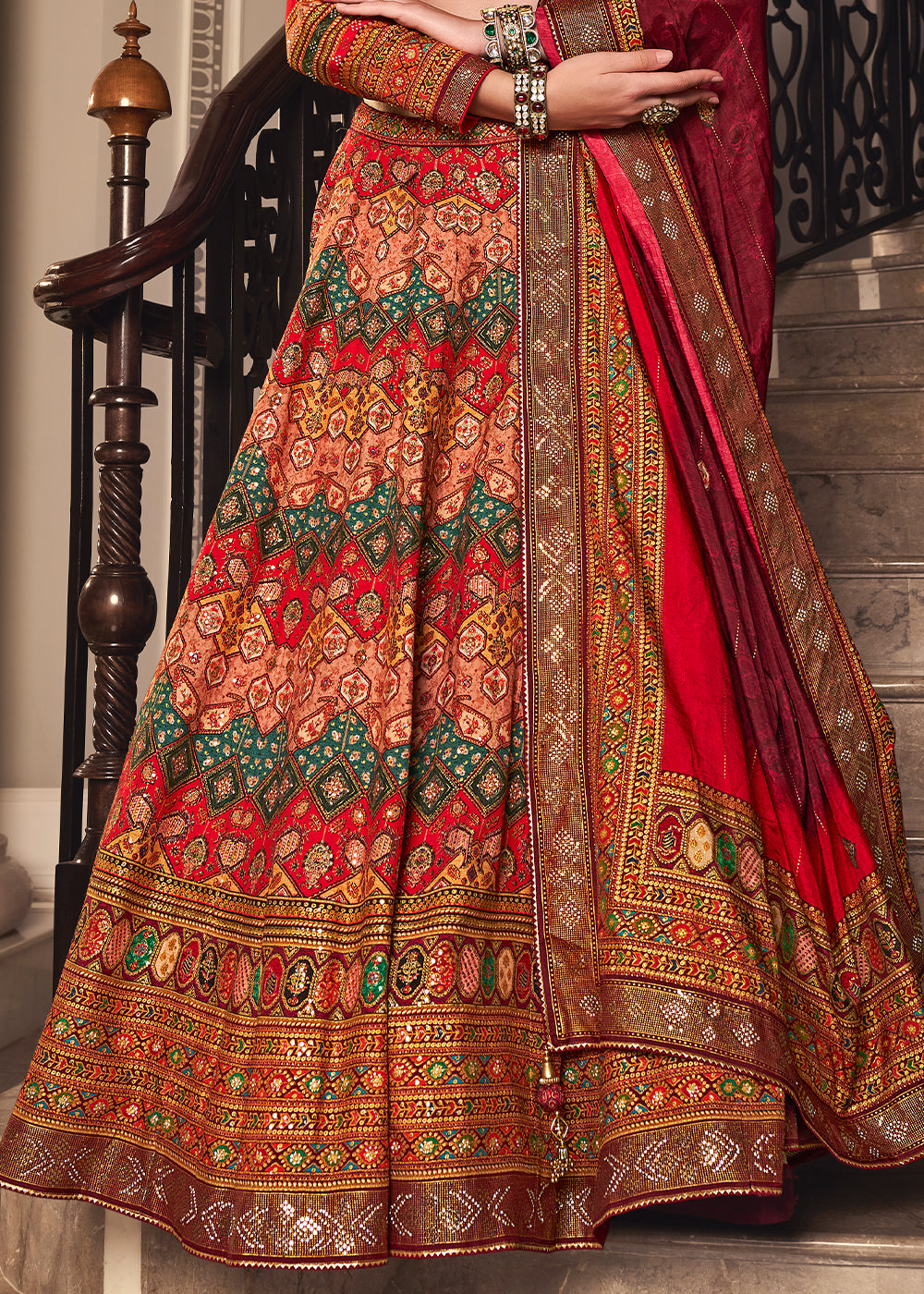 Shades Of Red Banarasi Silk lehenga Choli Having Beautiful Embellishment work