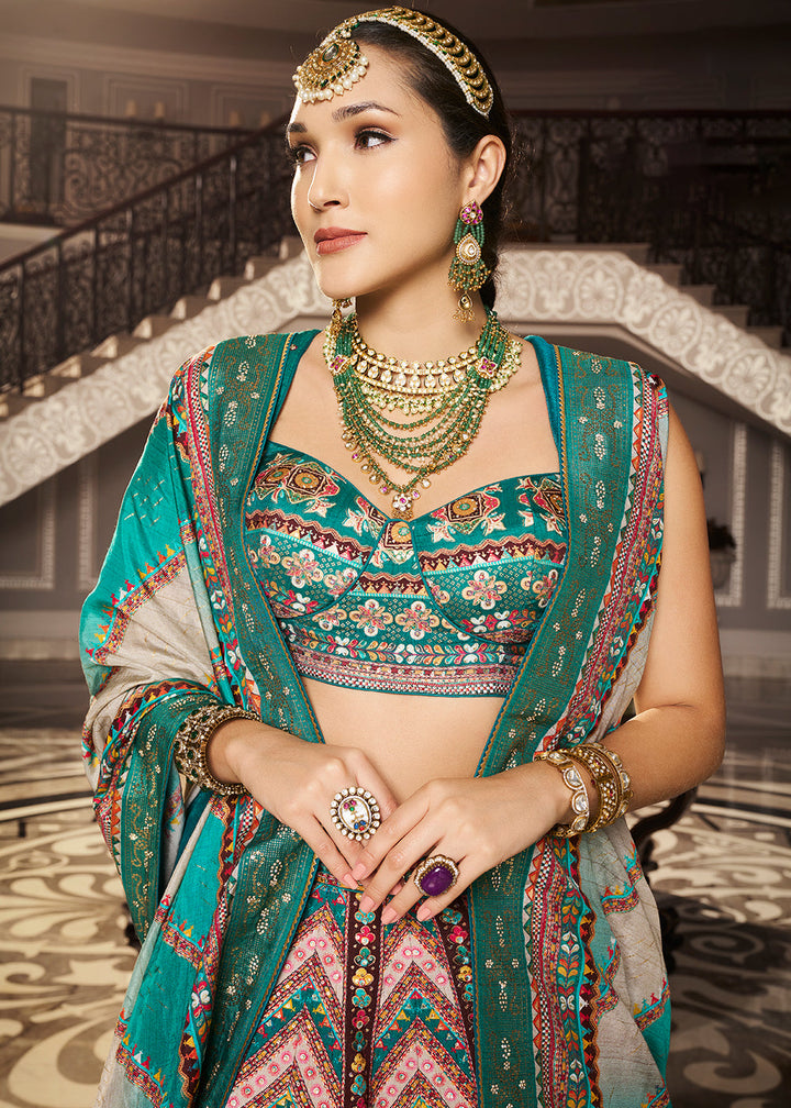 Shades Of Green Banarasi Silk lehenga Choli Having Beautiful Embellishment work