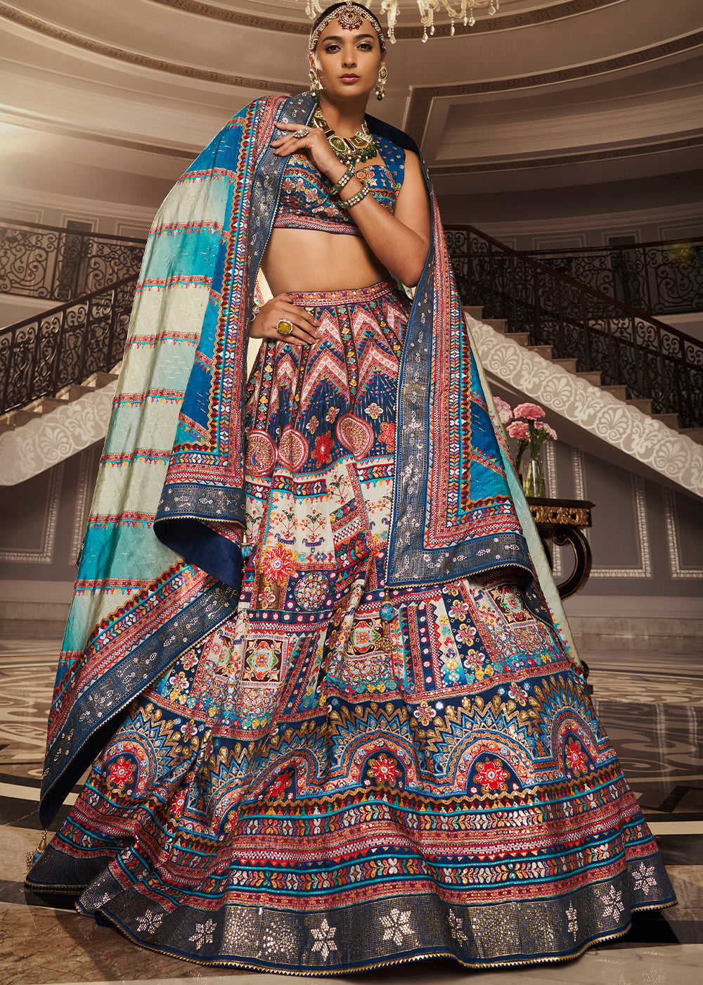 Shades Of Blue Banarasi Silk lehenga Choli Having Beautiful Embellishment work