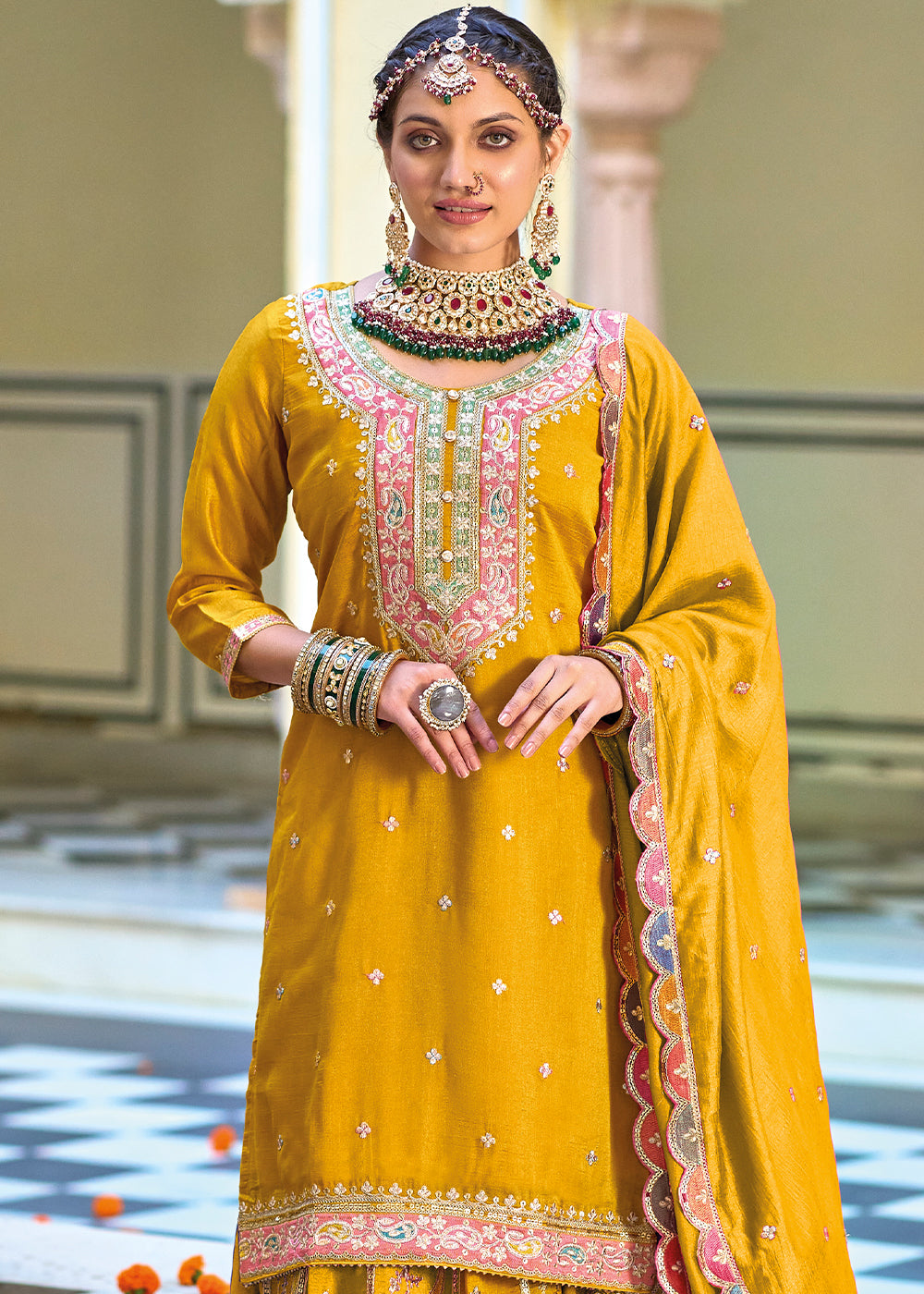 Mustard Yellow Chinnon Silk Plazzo Suit with Heavy Embroidery work