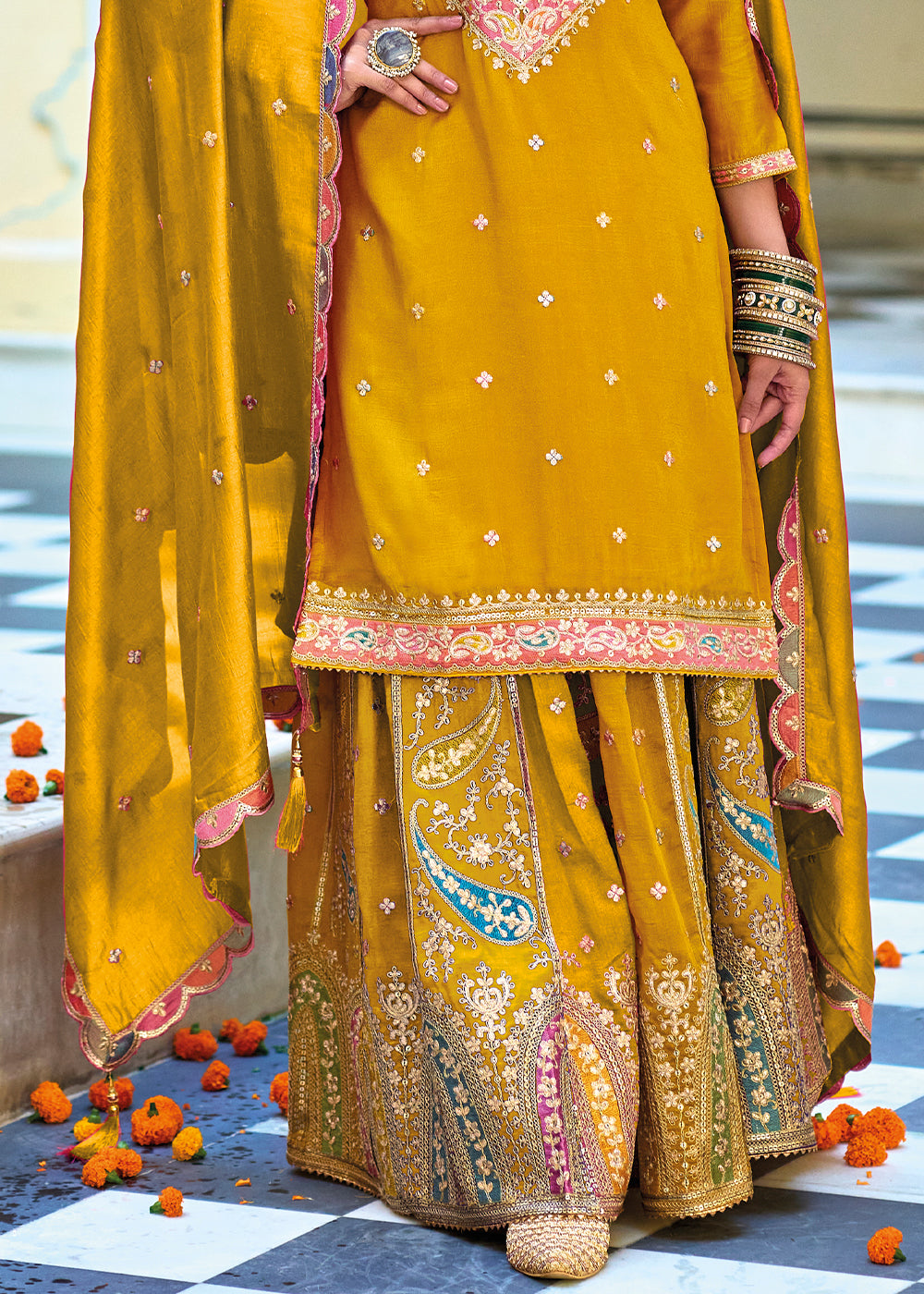 Mustard Yellow Chinnon Silk Plazzo Suit with Heavy Embroidery work