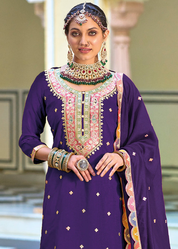 Indigo Purple Chinnon Silk Plazzo Suit with Heavy Embroidery work