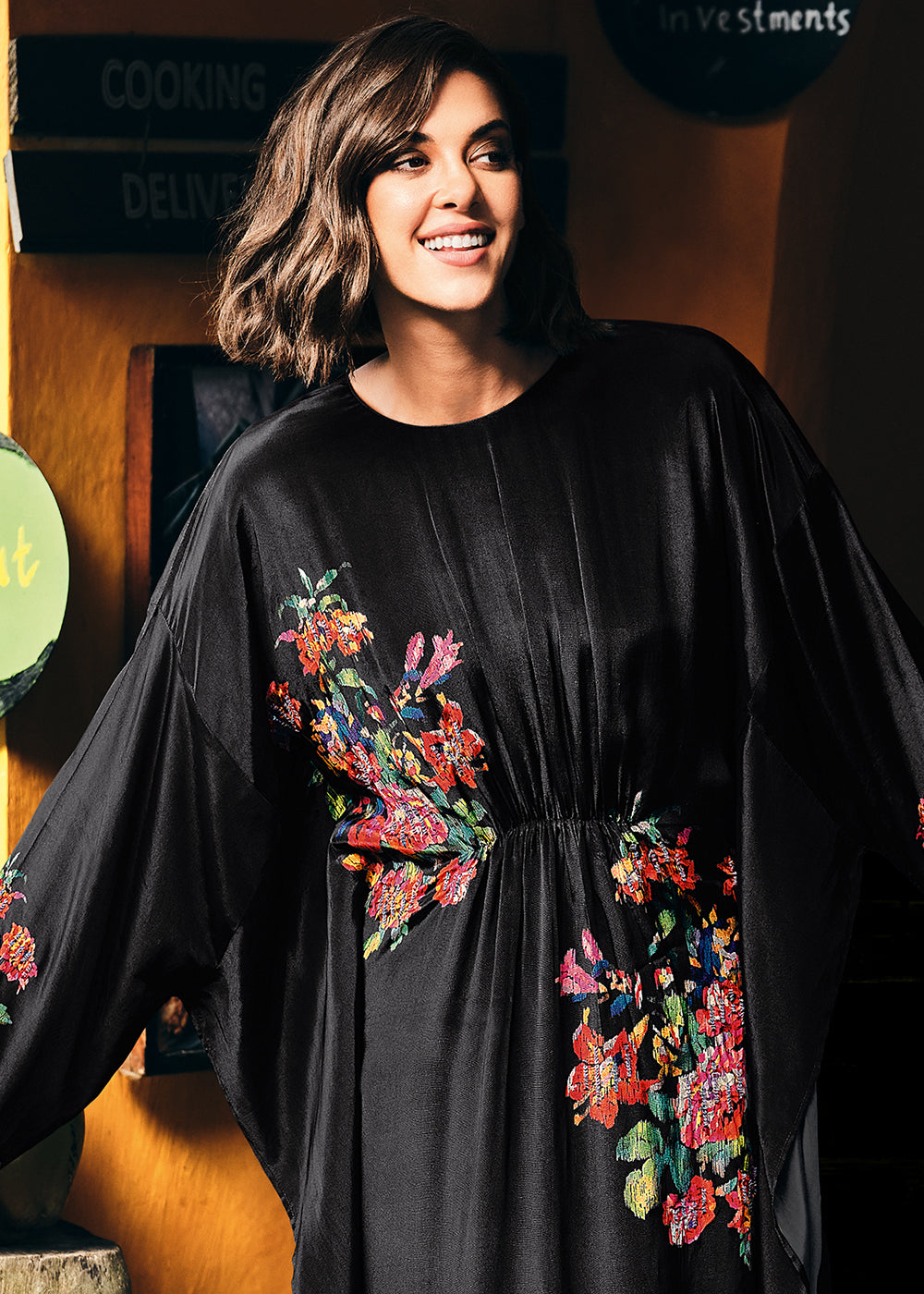 Midnight Black Digitally Printed Viscose Crepe Designer Straight Suit