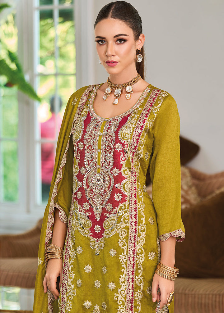 Olive Green Silk Plazzo Suit with Intricate Embroidery work