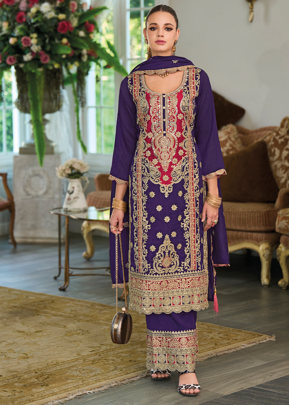 Indigo Purple Silk Plazzo Suit with Intricate Embroidery work