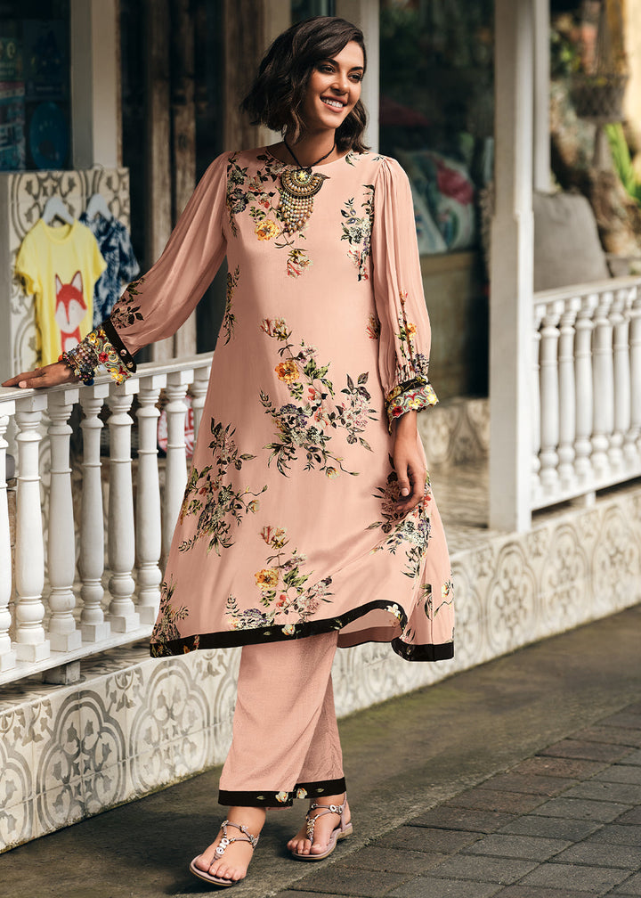 Light Peach Pink Digitally Printed Viscose Crepe Designer Straight Suit