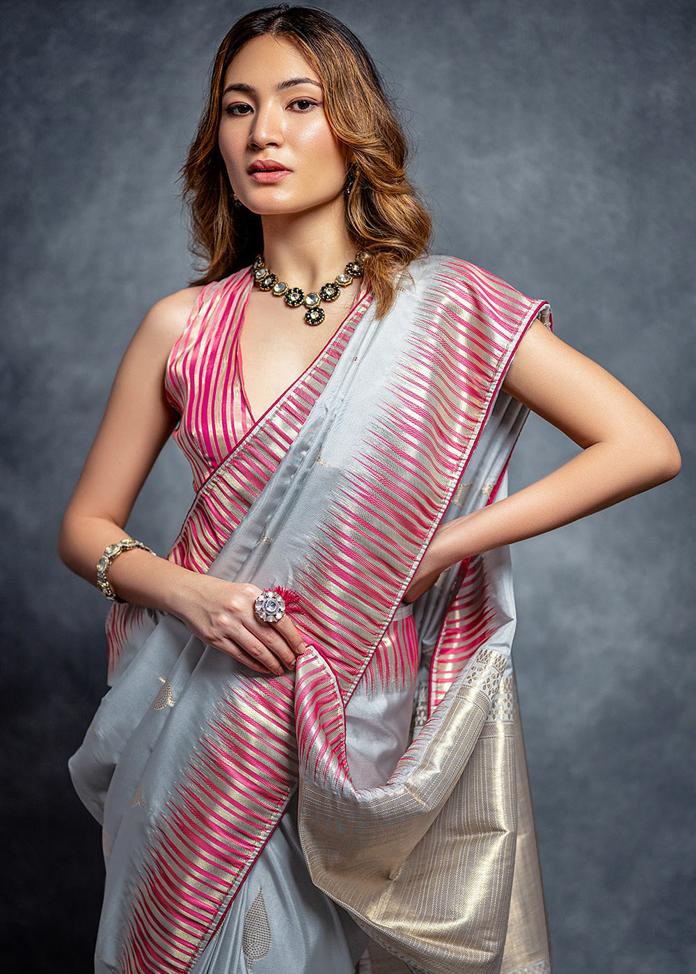 Shark Grey Zari Woven Designer Silk Saree