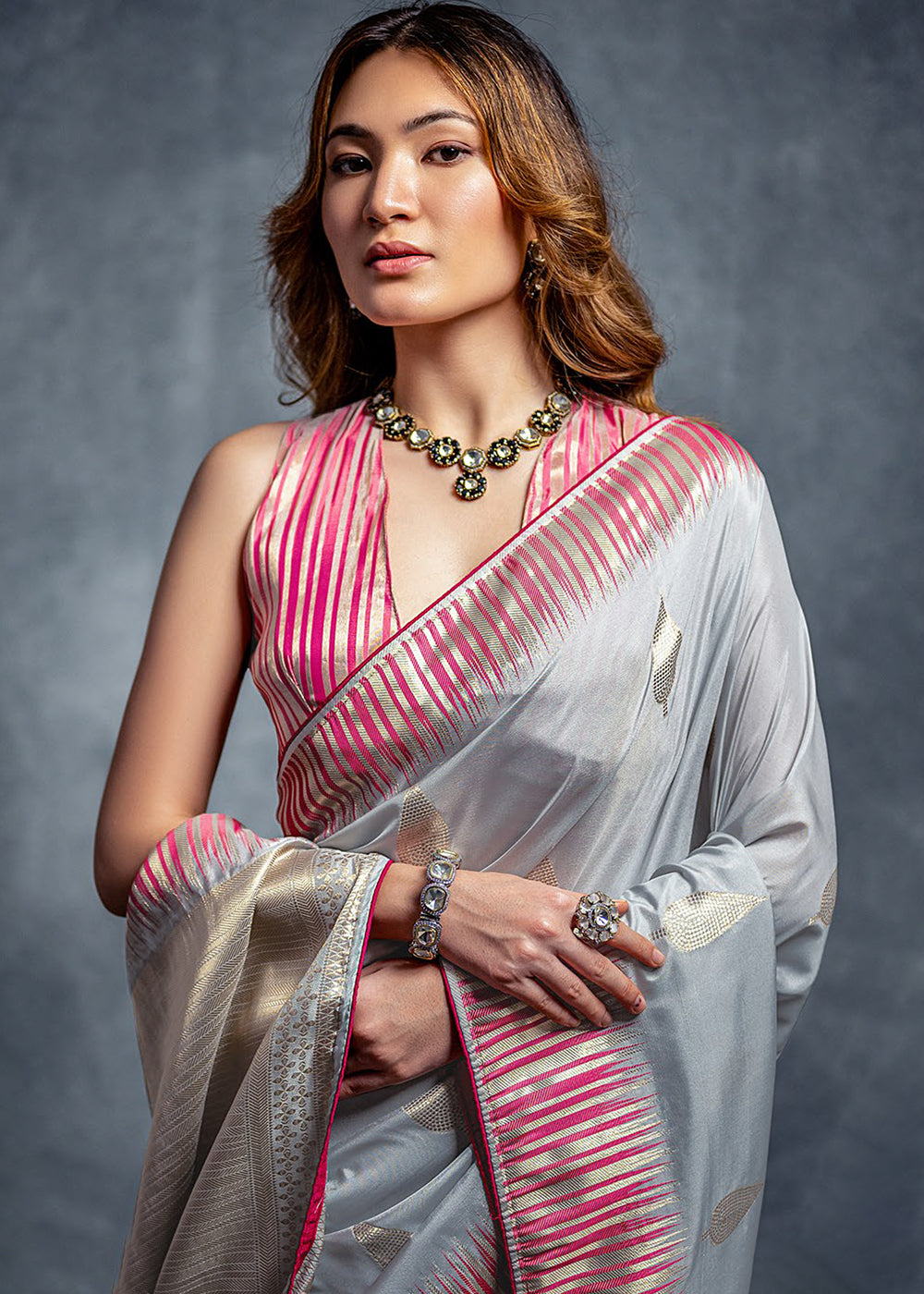 Shark Grey Zari Woven Designer Silk Saree