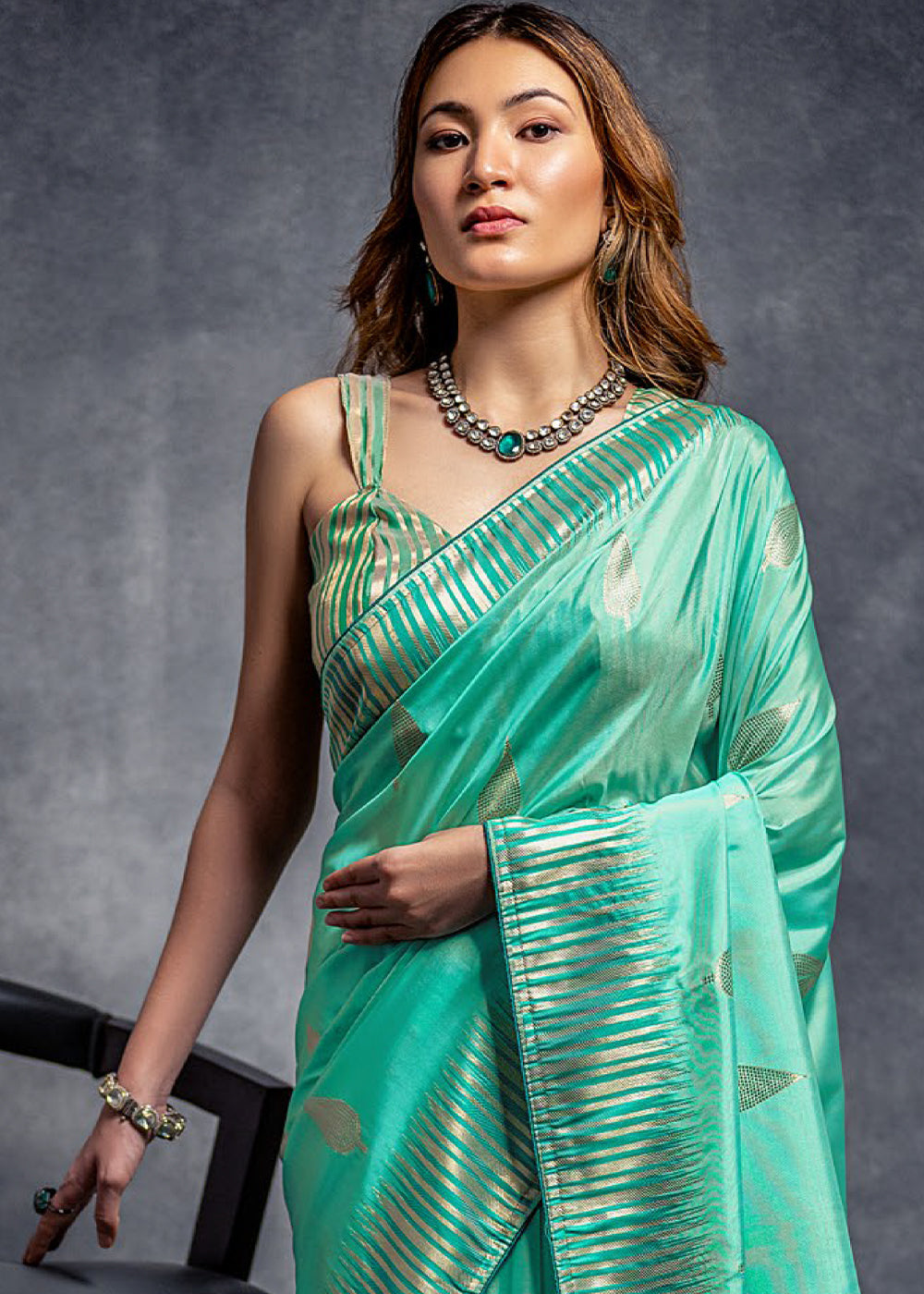 Turquoise Green Zari Woven Designer Silk Saree