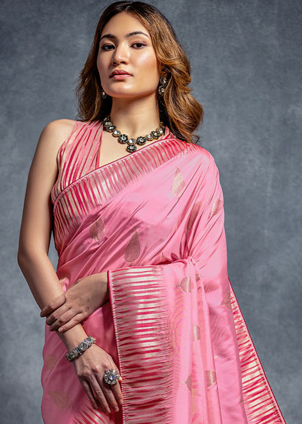 Cherry Pink Zari Woven Designer Silk Saree