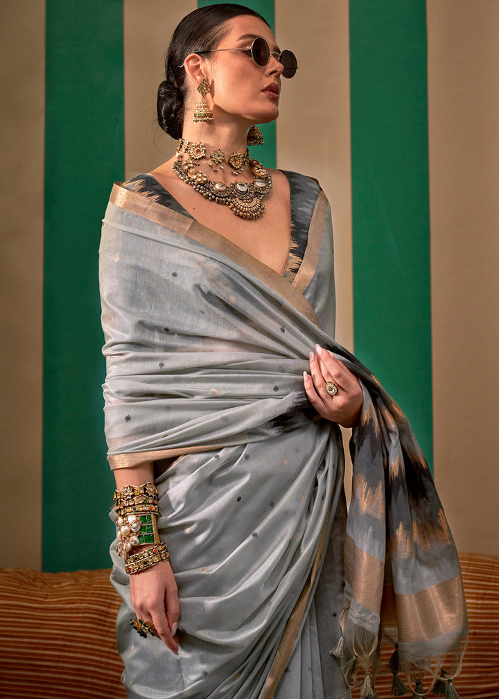 Light Grey Handloom Woven Silk Saree