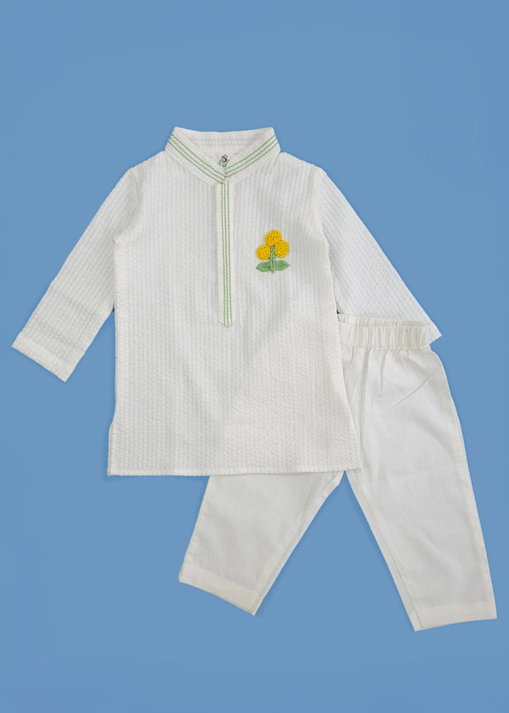 Organic Cotton Newborn Boys Textured White Kurta Set - Marigold