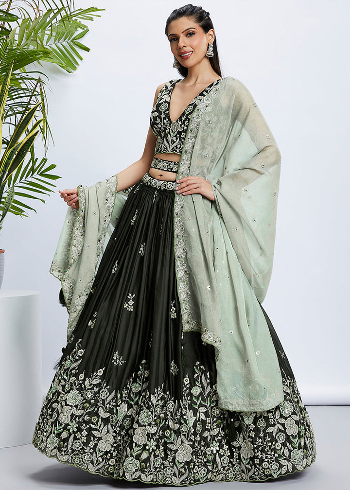 Dark Olive Green Georgette Lehenga Choli with Sequins & Thread Embroidery work