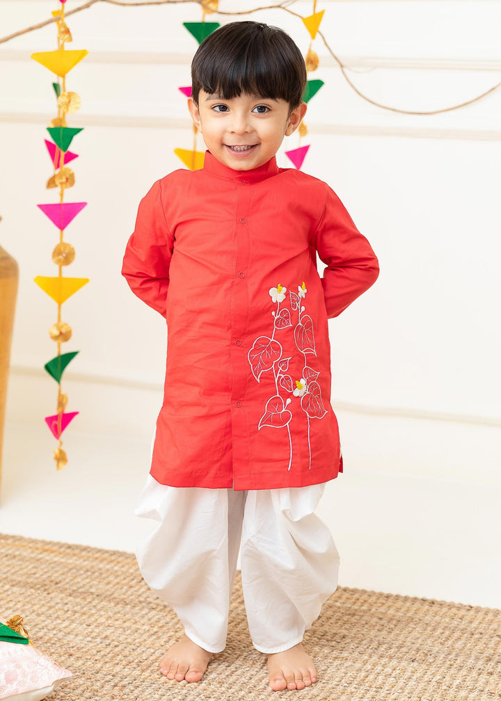 Organic Cotton Embroidered Red Kurta paired with Patiyala Pants - Floral Vine