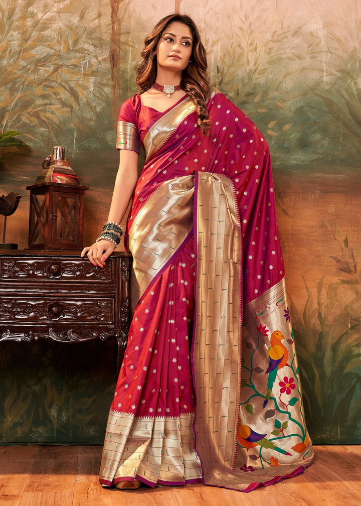 Burgundy Red Paithani Silk Saree With Zari Weaving