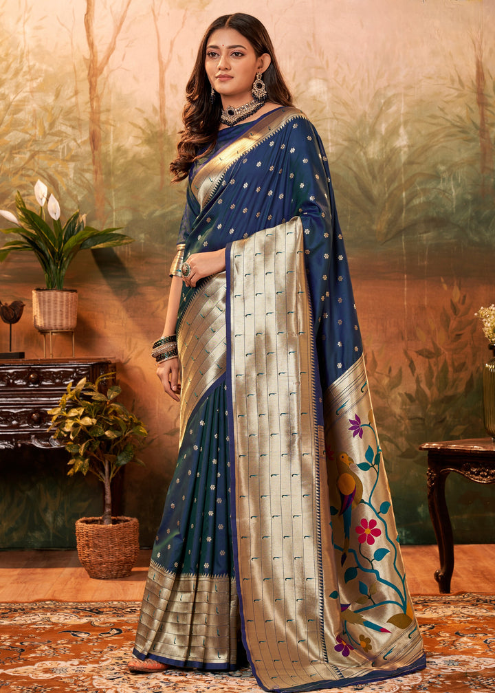 Royal Blue Paithani Silk Saree With Zari Weaving