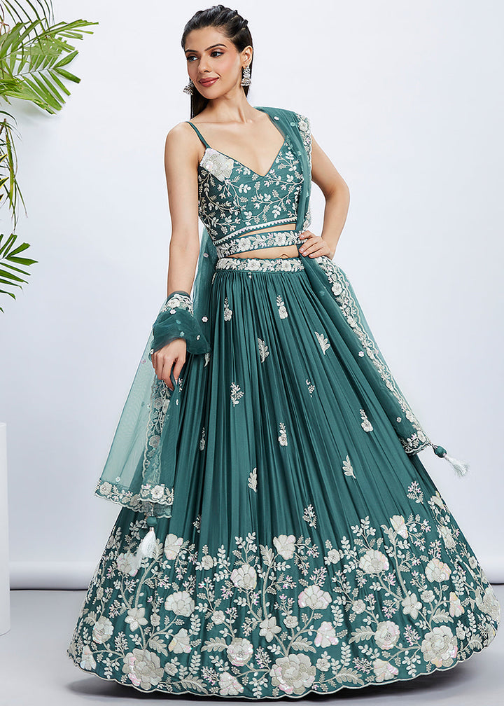 Dark Cyan Blue Georgette Lehenga Choli with Sequins & Thread Embroidery work