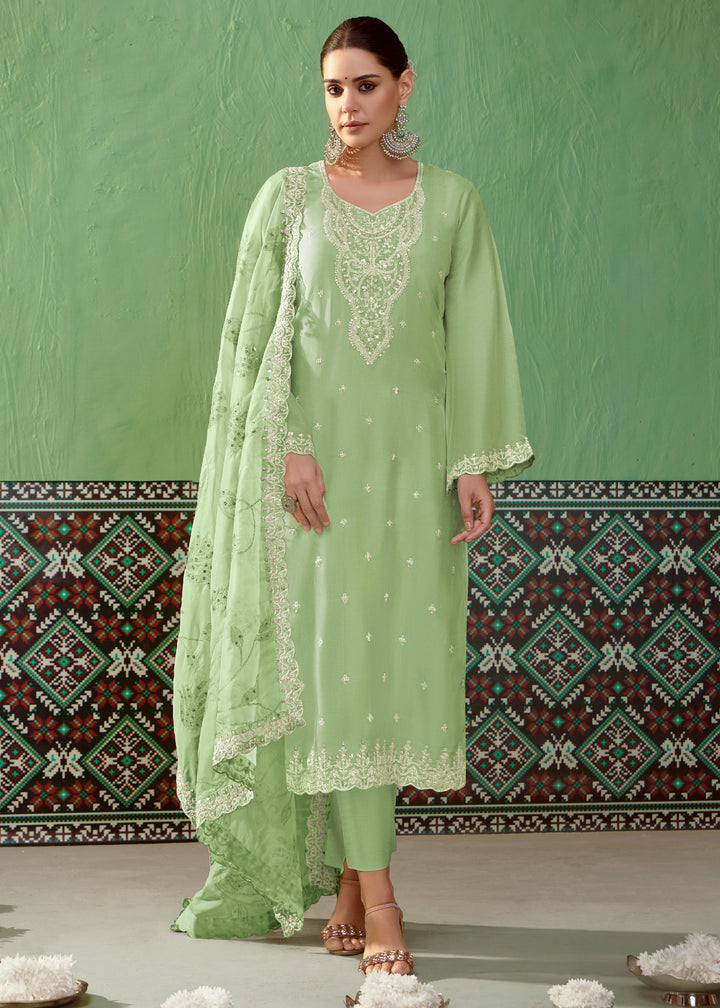 Green Pure Bamber Silk with Embroidery Salwar Suit