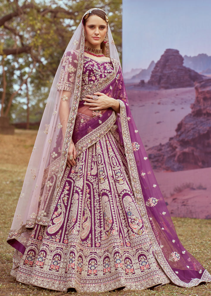 Purple Pure Silk Moti Coding Embroidery Bridal Lehenga