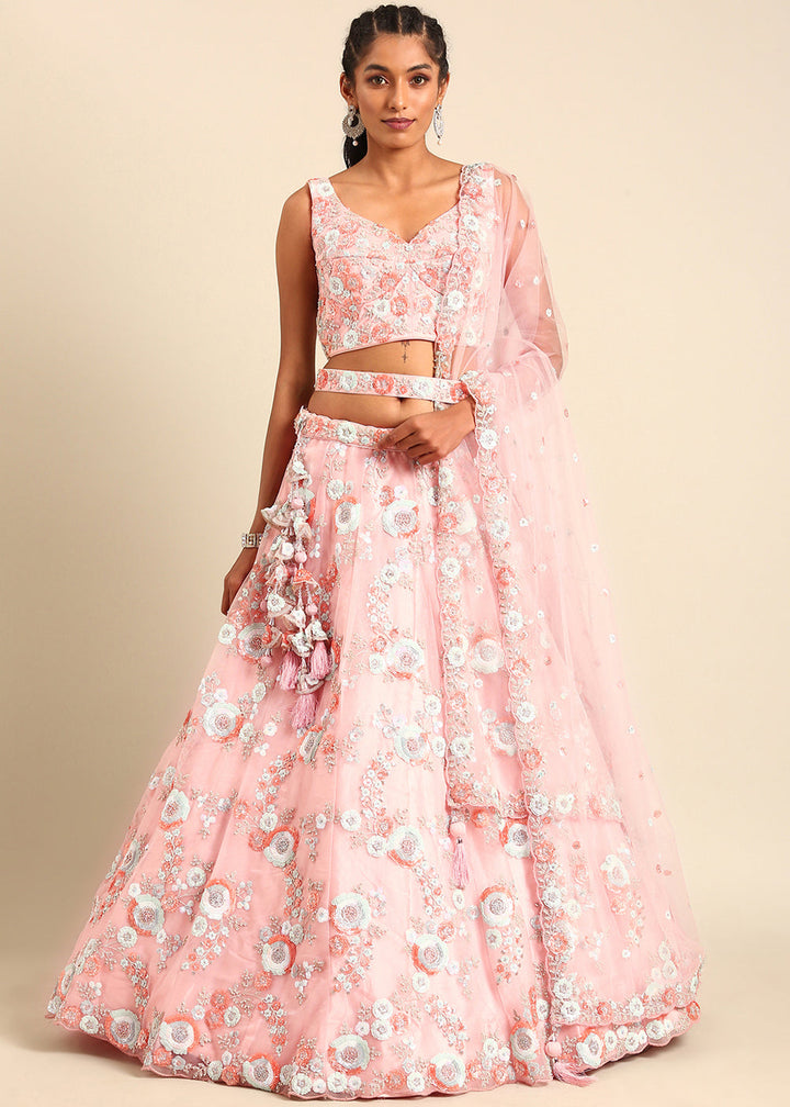 Shades Of Pink Net Lehenga Choli with Sequins & Zarkan Embroidery work