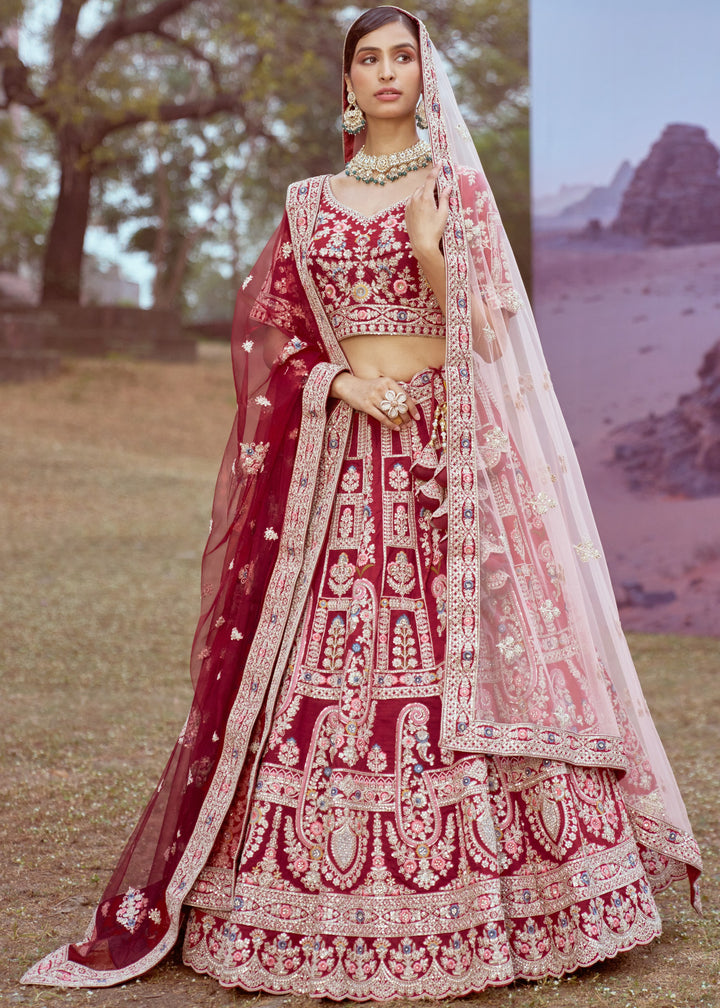 Maroon Pure Silk Moti, Sequins Embroidery Bridal Lehenga