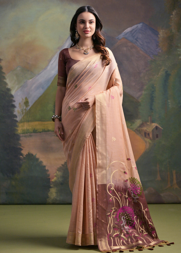 Peach Thread Woven Cotton Saree With Contrast Blouse And Pallu