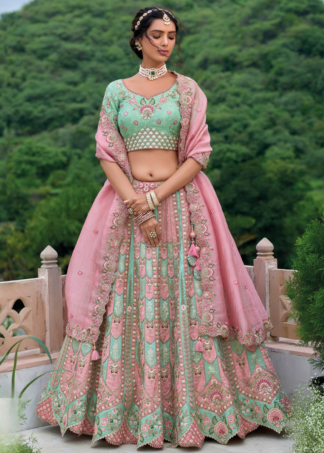 Mint Green and Pink Viscose Tissue Lehenga Choli with Embroidery Work