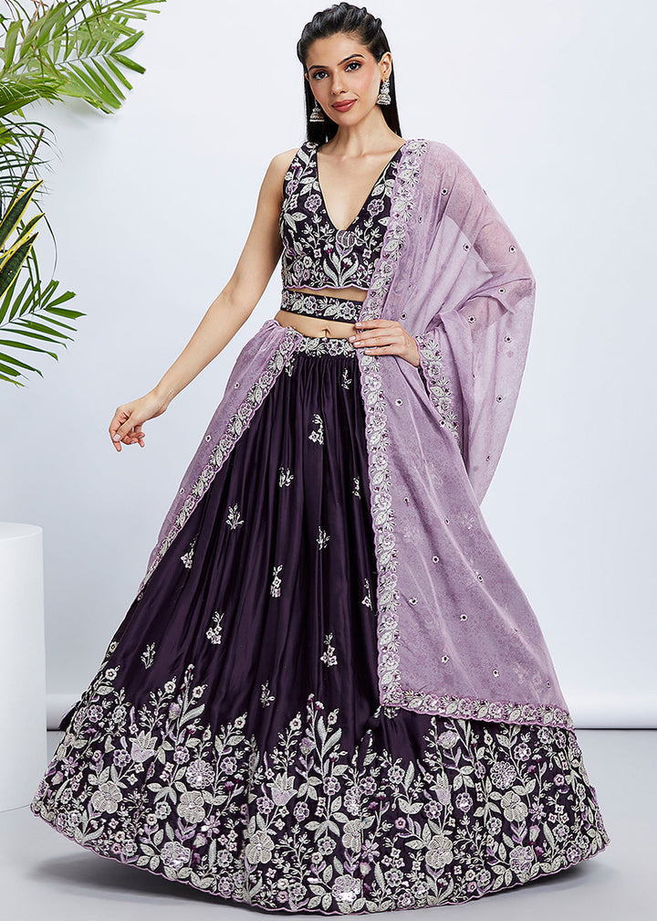 Plum Purple Georgette Lehenga Choli with Sequins & Thread Embroidery work