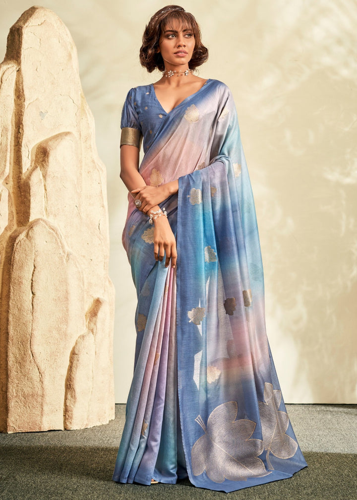 Vivid Cerulean Blue Handloom Khadi Silk with Digital Print