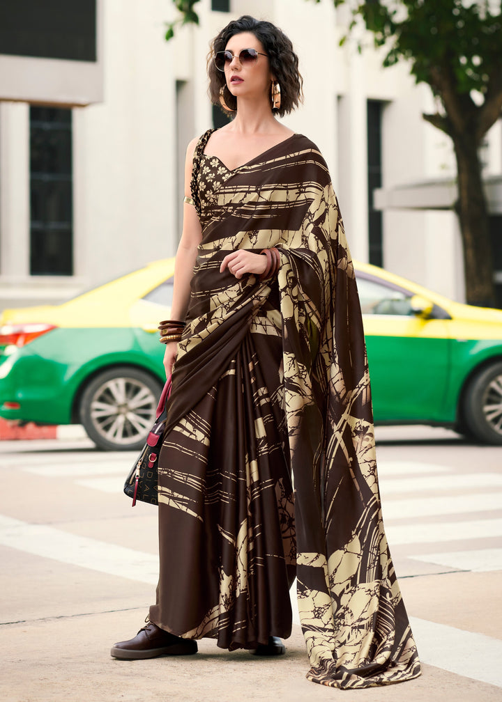 Mocha Brown Printed Satin Silk Saree