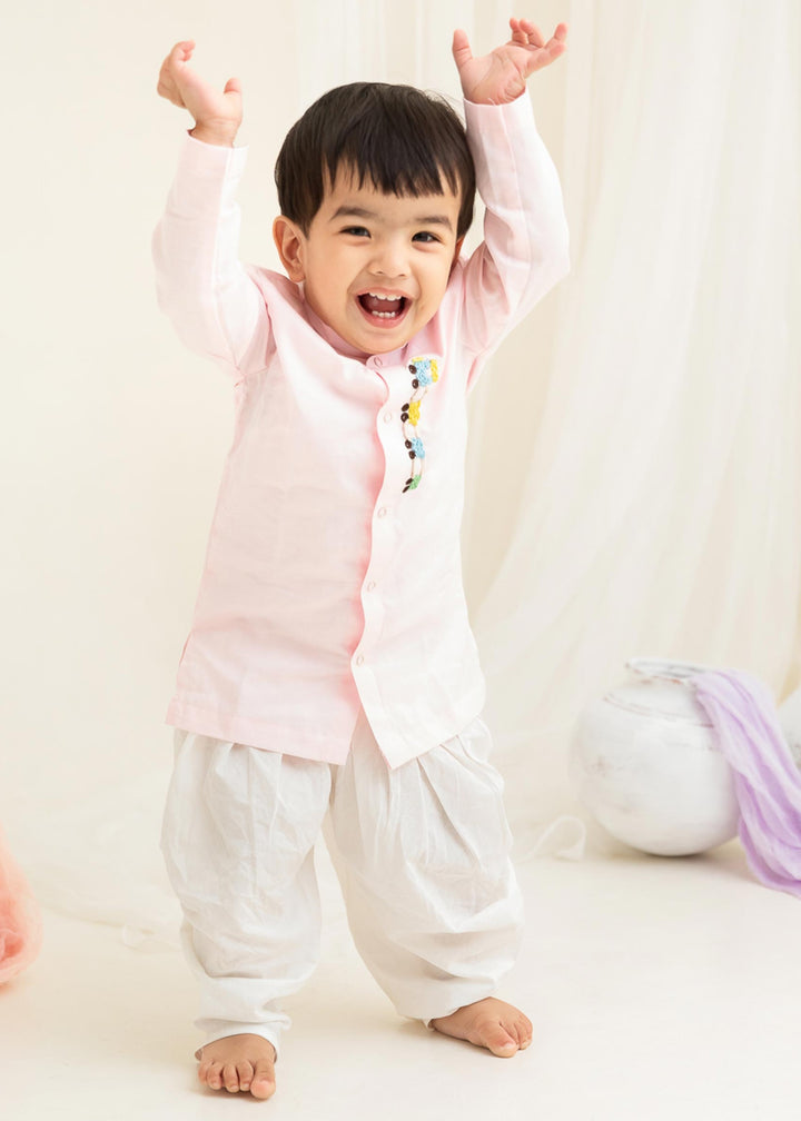 Organic Cotton Embroidered Light Pink Kurta paired with Pajama Pants - Train