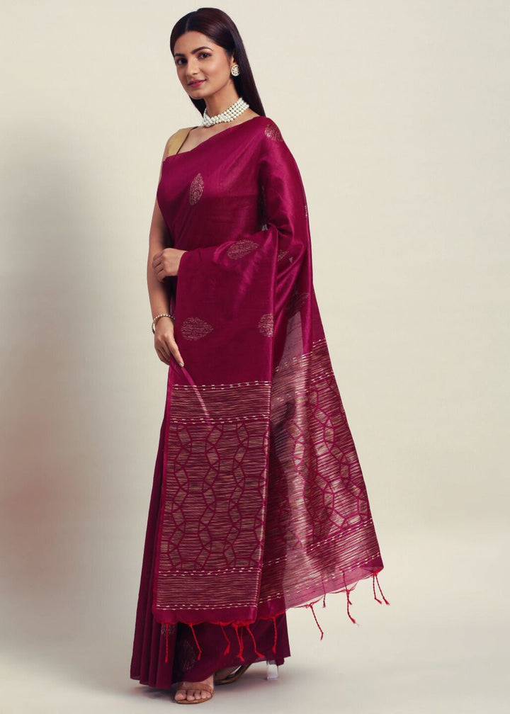 Wine Woven Handloom Raw Silk Saree