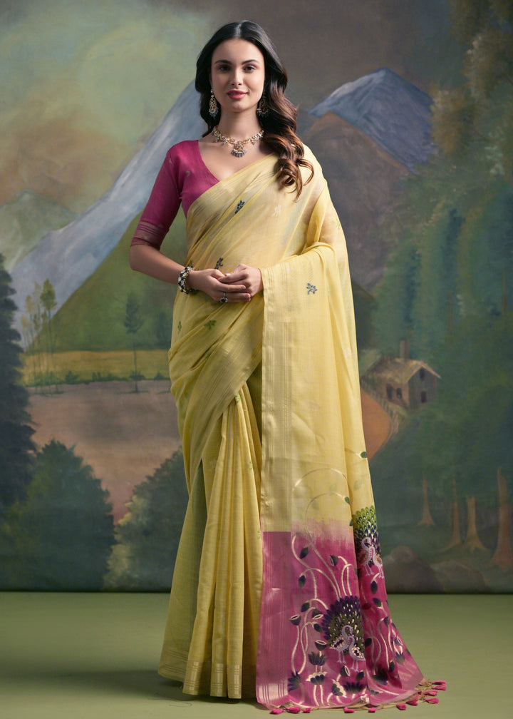 Lemon Yellow Thread Woven Cotton Saree With Contrast Blouse And Pallu