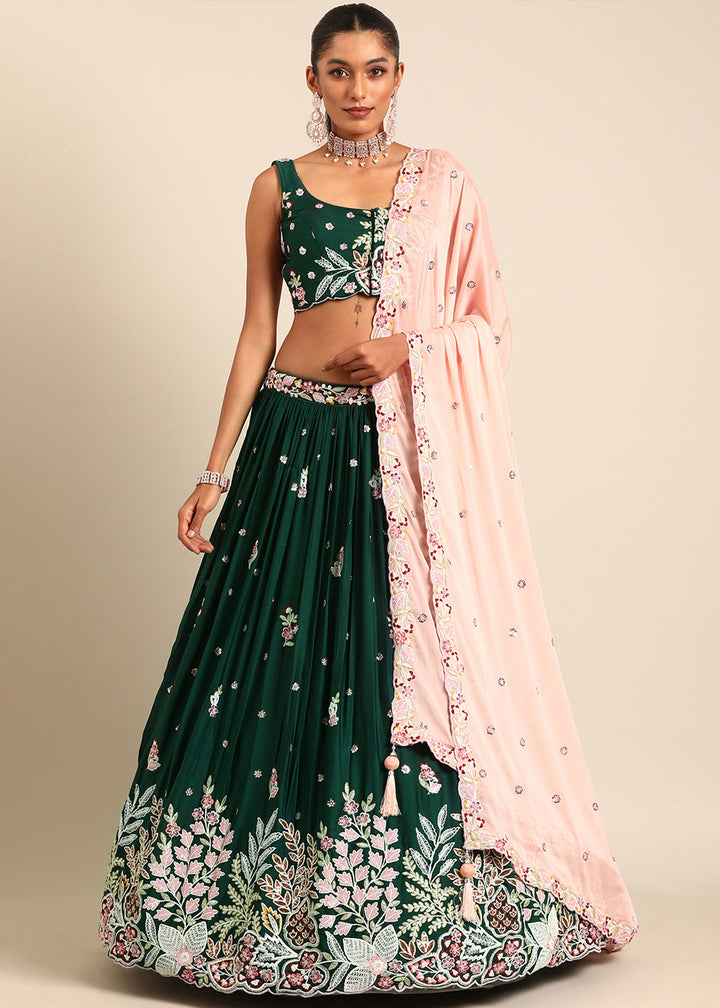 Sacramento Green Georgette Lehenga Choli with Sequins & Thread Embroidery work