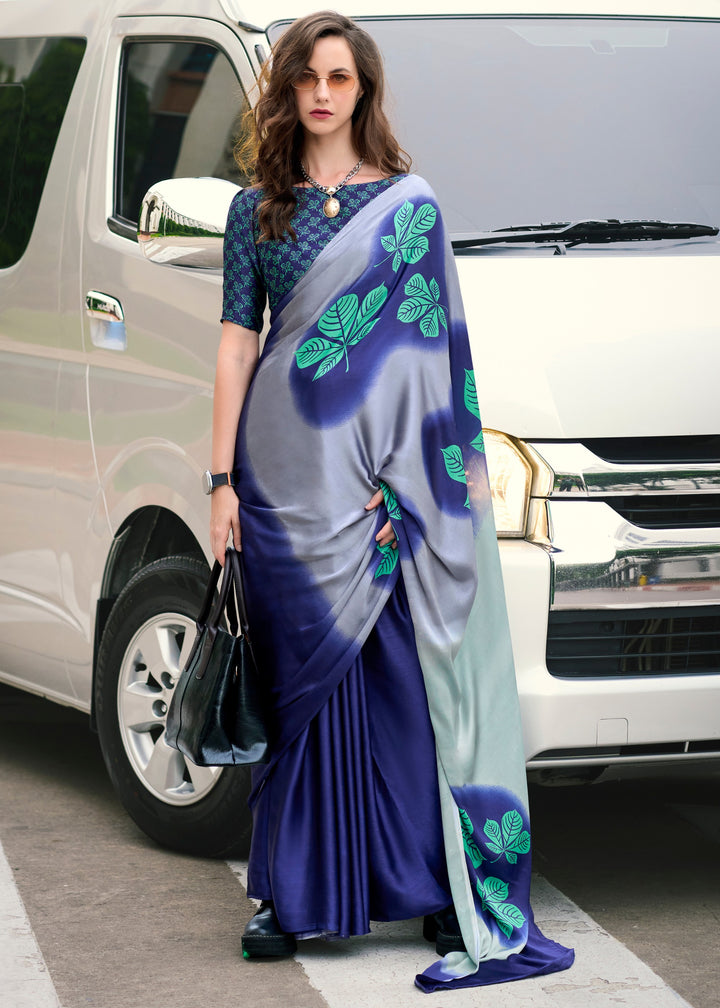 Indigo Blue Printed Satin Silk Saree