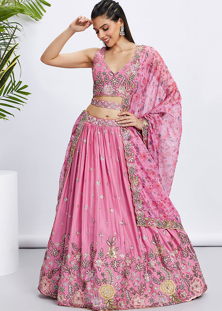 Neon Pink Chiffon Lehenga Choli with Sequins & Thread Embroidery work