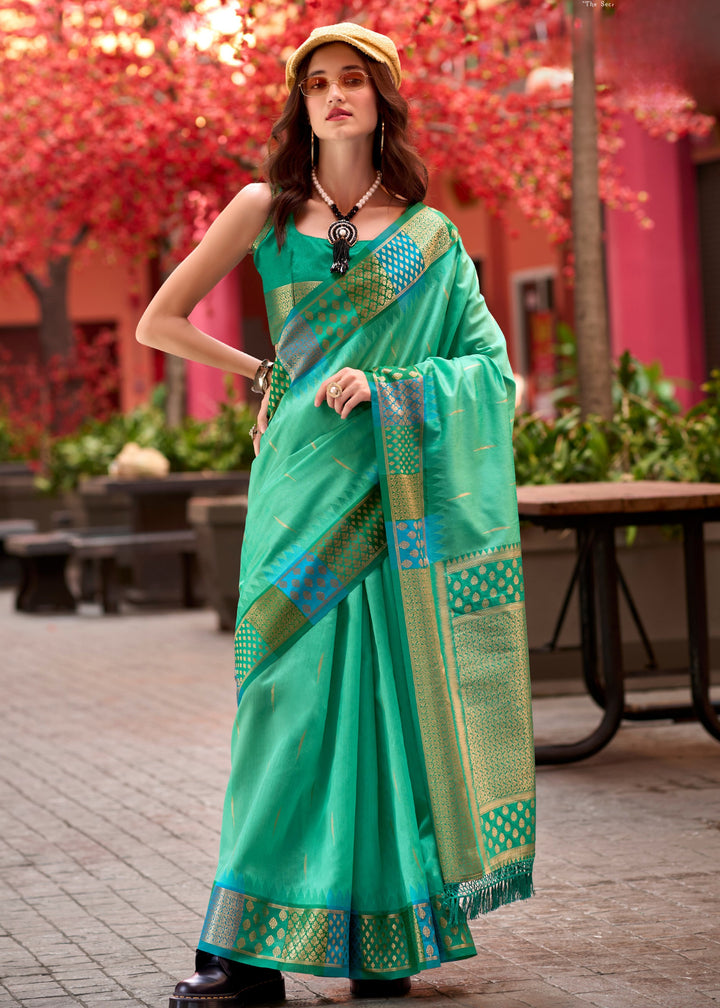 Cyan Green Banarasi Silk Saree With Beautiful Contrast Border