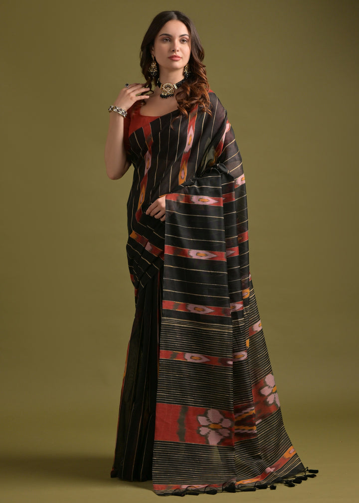 Carbon Black Soft Ikkat Cotton Printed Saree