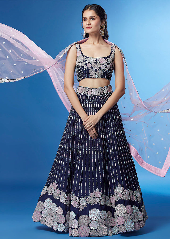 Navy Blue Georgette Multi Sequins Lehenga Choli