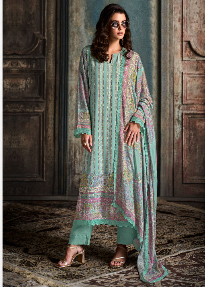 Green Pure Muslin Salwar Suit with Resham Embroidery