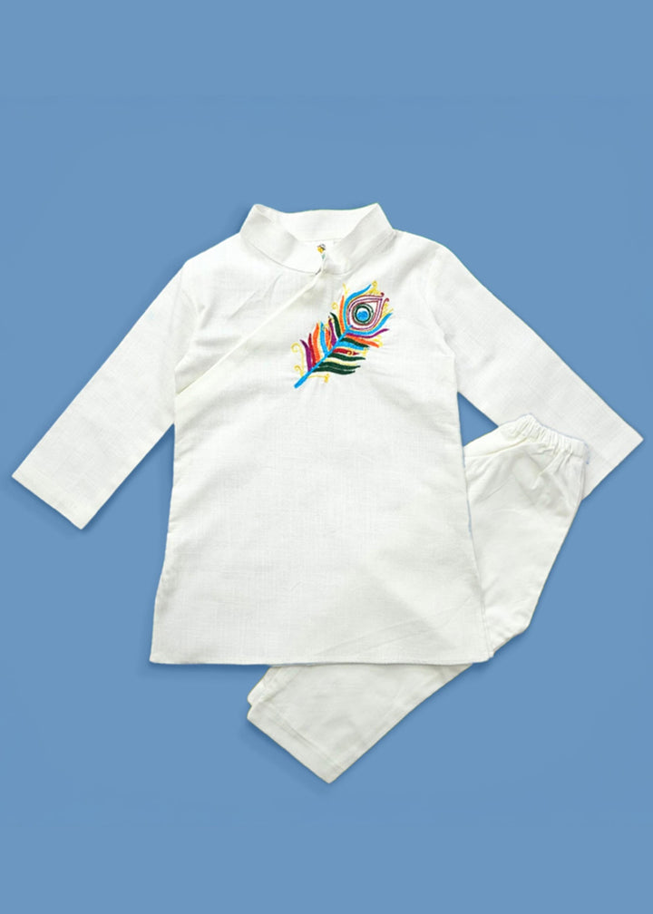 Organic Cotton Colourful Peacock Feather Embroidered White Kurta paired with Pajama Pants