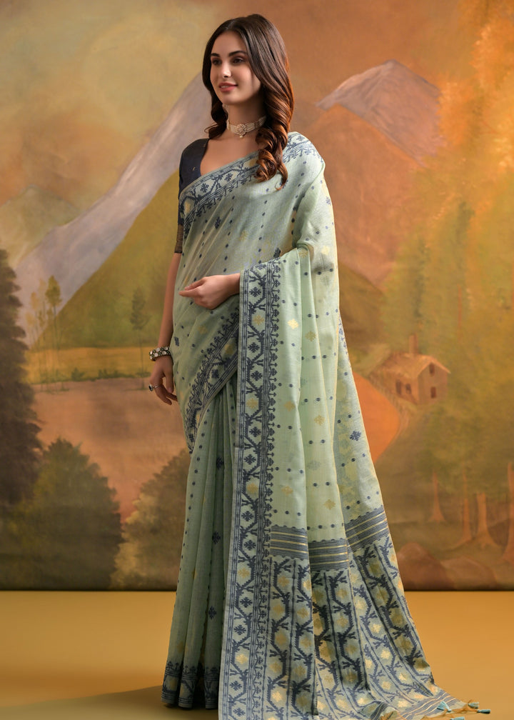 Ocean Green Thread Woven Cotton Saree With All Over Butti