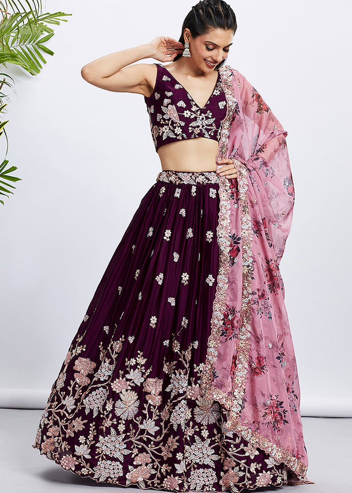 Raisin Purple Georgette Lehenga Choli with Sequins & Thread Embroidery work