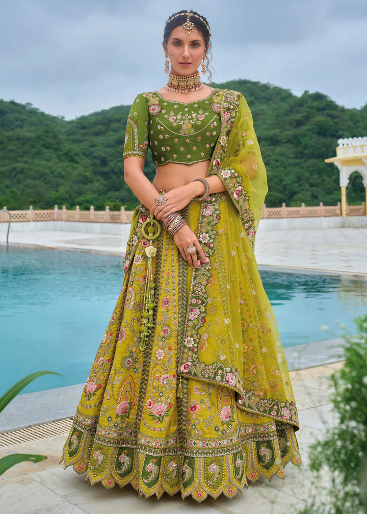 Moss Green and Yellow Viscose Tissue Lehenga Choli with Embroidery Work